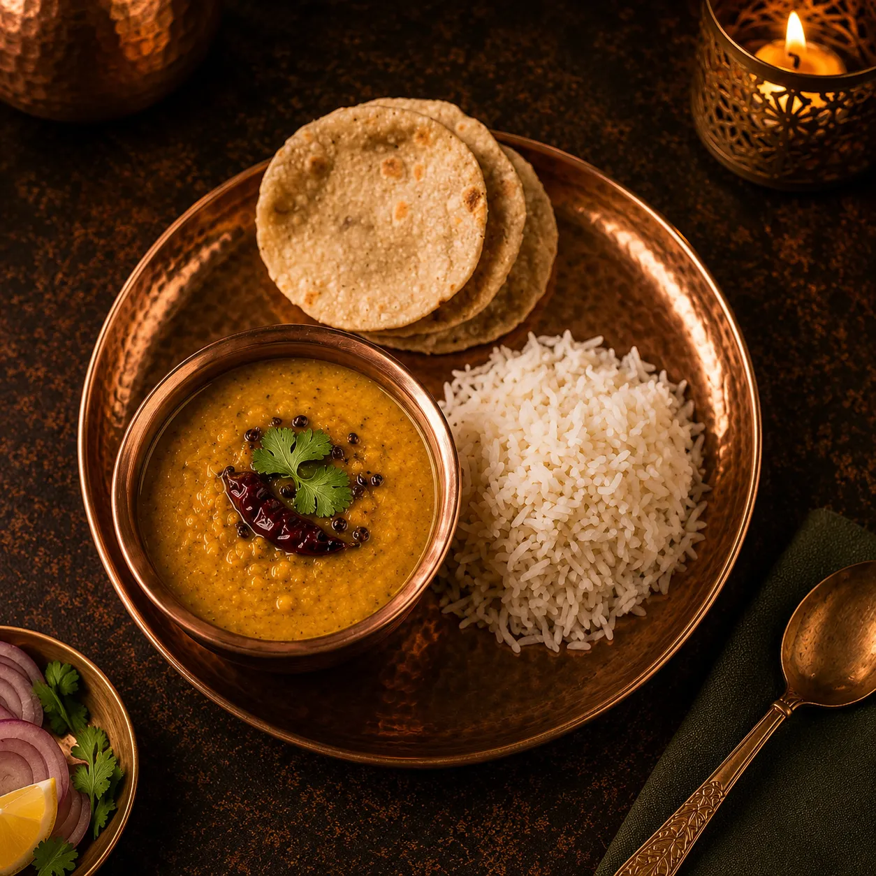 Freshly cooked Gujarati dal, rice and roti tiffin - Mummy's Tiffin North York