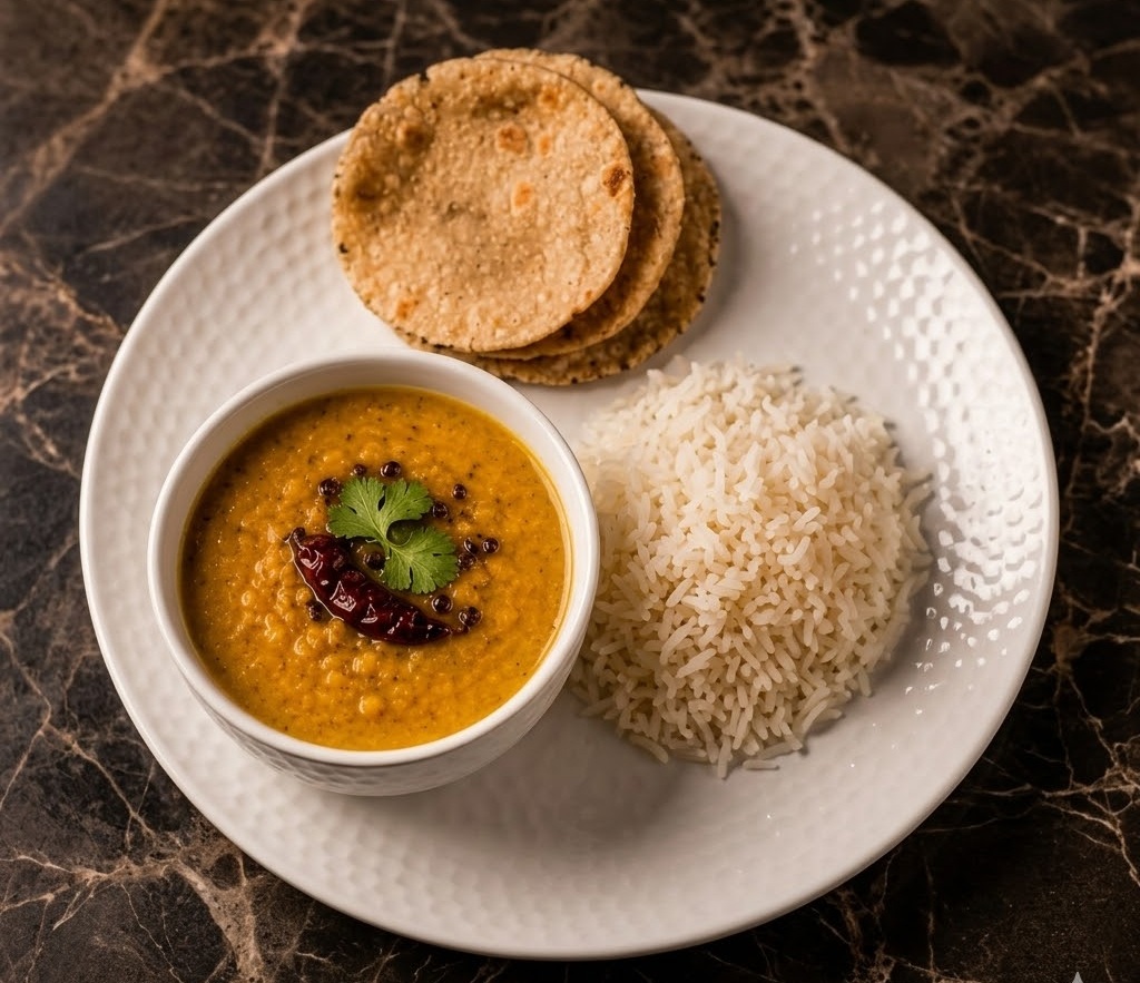 Classic tiffin combo of Gujarati dal, basmati rice and soft rotli at Mummy's Tiffin in North York, Toronto