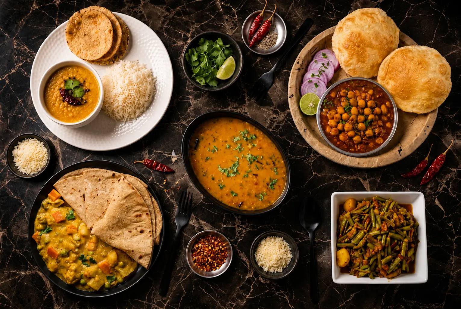 Spread of authentic Gujarati and Kathiyawadi dishes - chole puri, dal, rice, rotli and guvar sabzi - at Mummy's Tiffin, North York