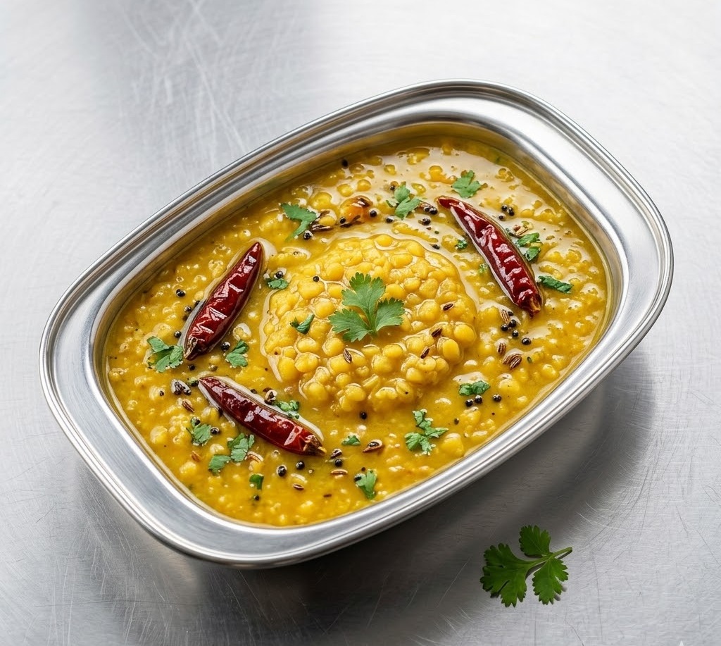 Gujarati Dal - sweet-and-tangy lentil soup served in a tiffin tray, North York